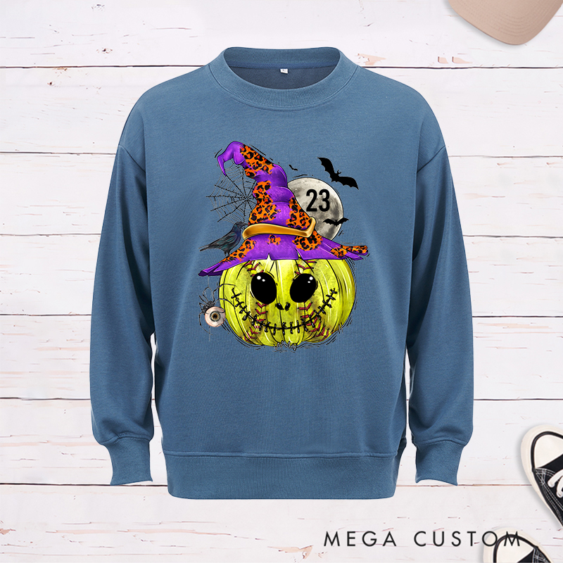 Personalized Enchanted Softball Pumpkin Witch Sweatshirt with Custom Number
