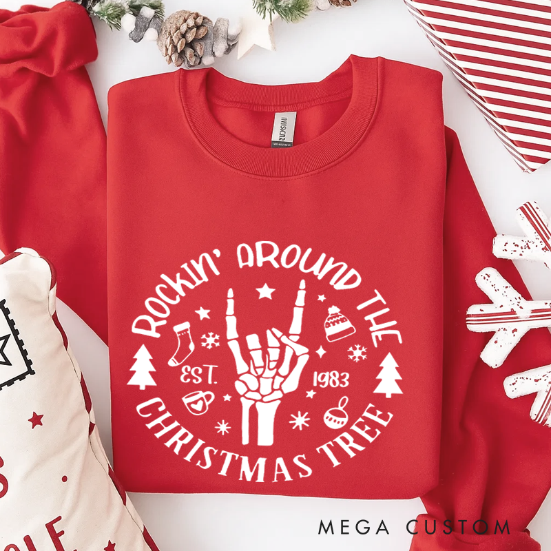 Personalized Classic Sweatshirts Christmas Rockin' Around Sweatshirt Christmas Tree Sweatshirt Christmas Gift for Heavy Metal Music Lover