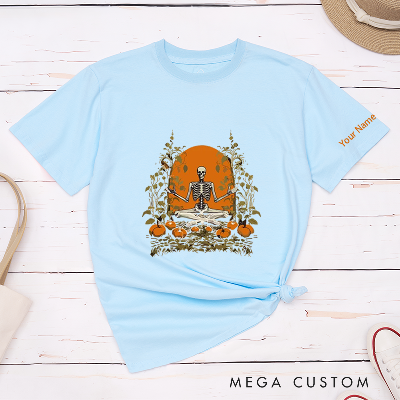 Personalized Halloween Skeleton T-Shirt with Pumpkin Meditation Design Perfect Gift for Yoga Lover and Halloween