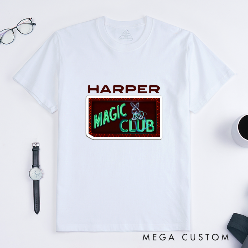 Personalized Magic Club T-Shirt Custom Neon Sign Rabbit Design Classic Unisex Gift for Magician Fan Magic Lovers Unique Birthday Present