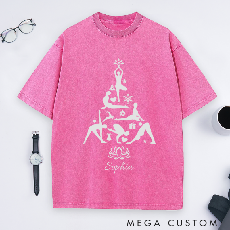 Personalized Yoga Washed T-Shirt with Christmas Tree Design Perfect Gift for Yoga Lover and Christmas