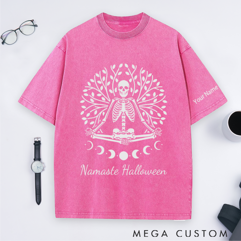 Personalized Namaste Halloween Washed T-Shirt with Spooky Skeleton Yoga Design Perfect Gift for Yoga Lover and Halloween