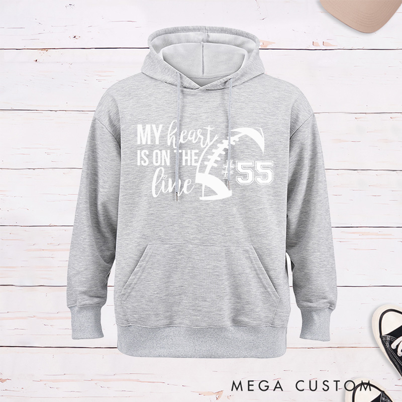 Personalized American Football Hoodie Cap for "My Heart is on the Line" with Custom Jersey Number