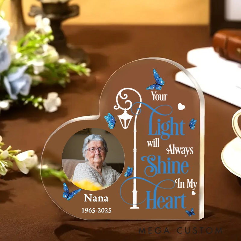Personalized Memorial Plaque Your Light Will Always Shine In My Heart Acrylic Block Sympathy Gifts for Family Bereavement Keepsake