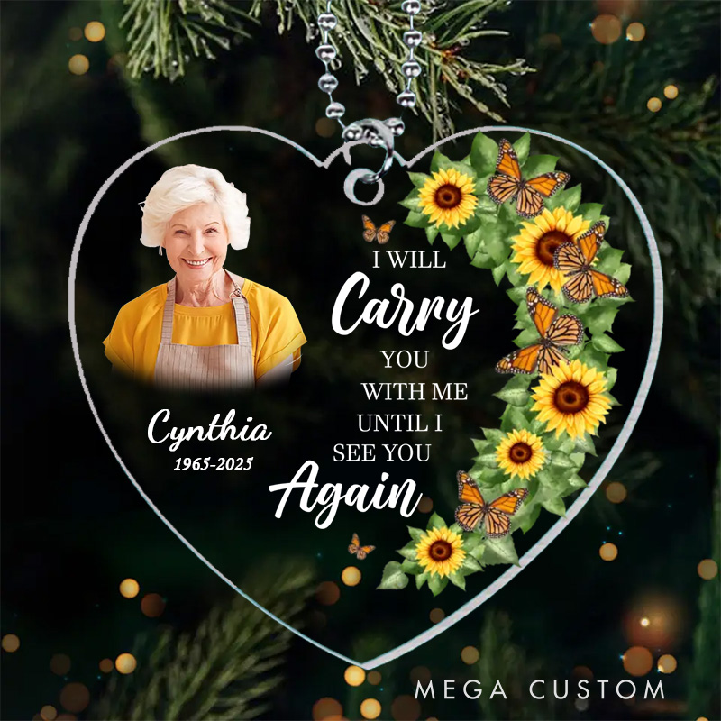 Personalized Heart Shaped Memorial Ornament Customizable Photo Name Year Quote Sunflowers Butterflies Keepsake