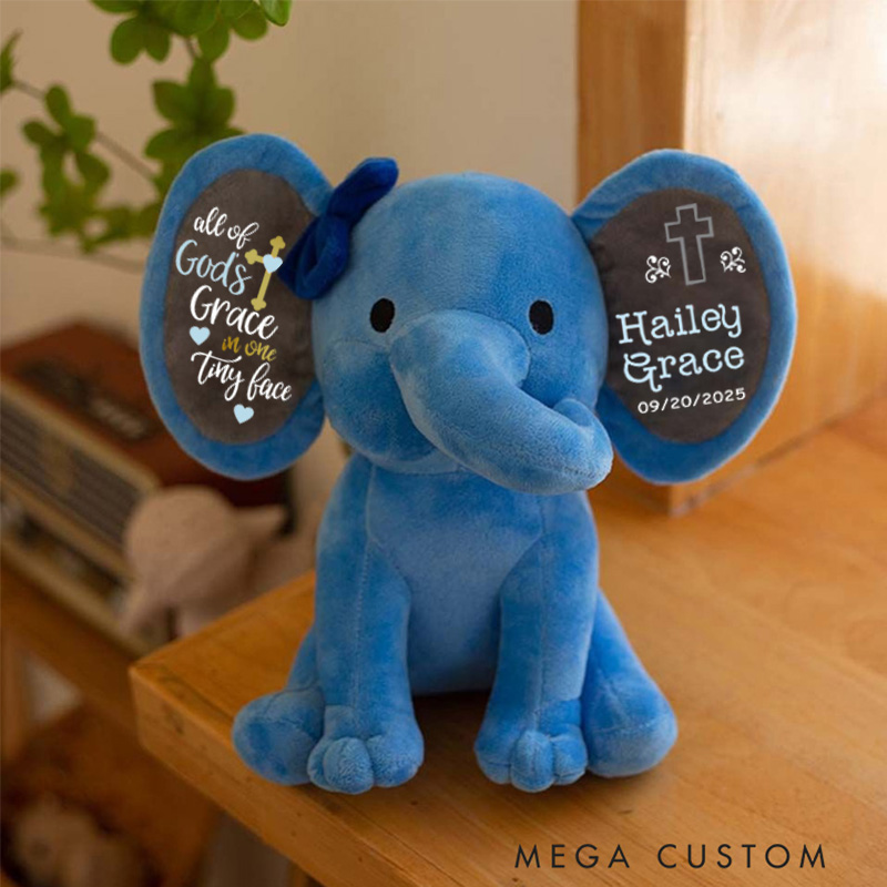 Personalized Cross God’s Grace Stuffed Elephant Plush Toys with Name and Date Religious Gift Birthday Gift for Kids
