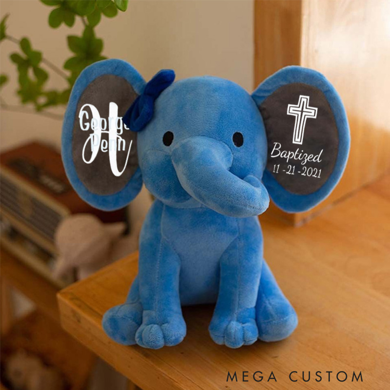 Personalized Cross Stuffed Elephant Plush Toys with Name and Text Religious Gift Baptism Gift 