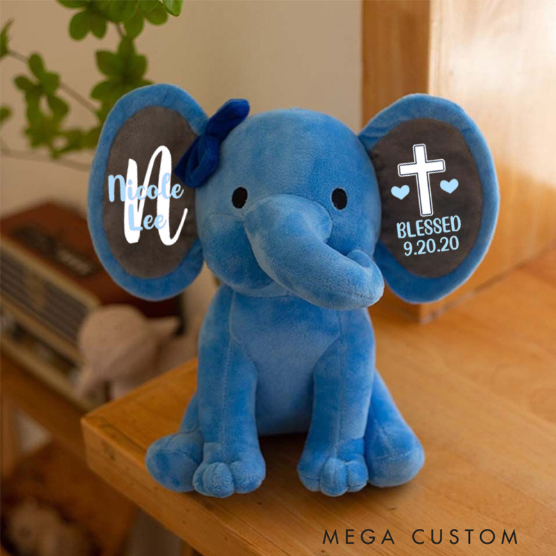 Personalized Blessed Stuffed Elephant Plush Toys with Name and Date Religious Gift Birthday Gift for Kids