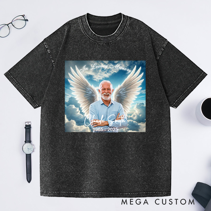 Personalized Memorial Washed T-Shirt Memorial Gift for Loss of Loved One In Loving Memory Gift Angel Wings Photo T-Shirt 