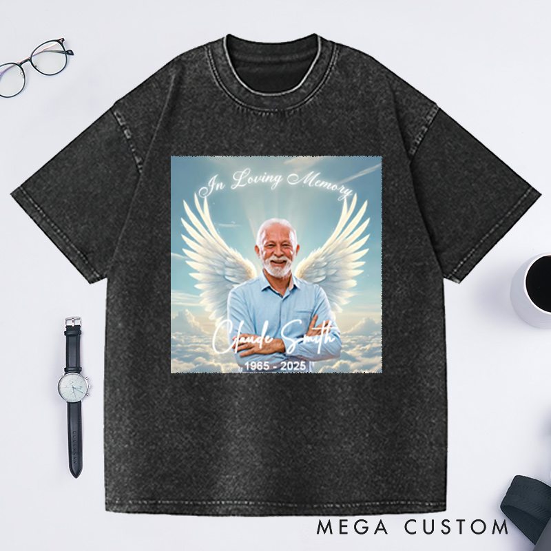 Personalized Memorial Photo Washed T-Shirt Memorial Gift for Loss of Grandfather Father and Loved One In Loving Memory Gift Angel Wings T-Shirt 