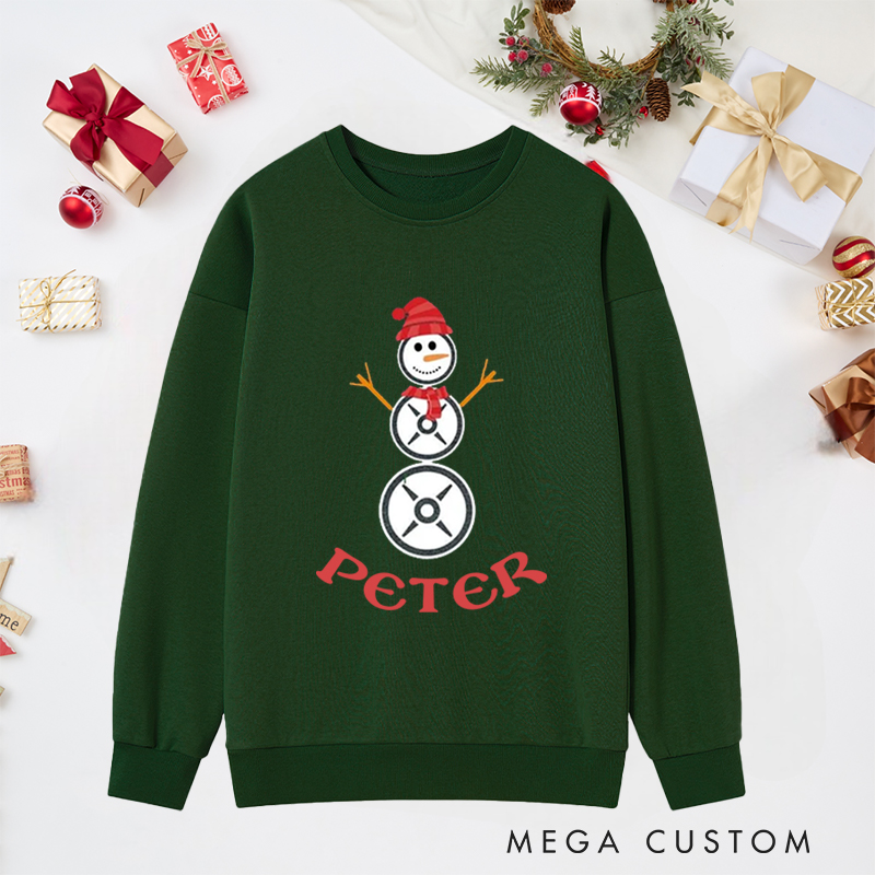Personalized Christmas Classic Sweatshirts with Weight Plate Snowman for Fitness Enthusiasts Bodybuilders and Gym Lovers