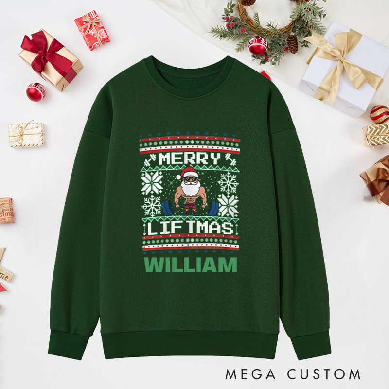 Personalized Christmas Classic Ugly Sweatshirts with Santa Lifting Weights for Fitness Enthusiasts Bodybuilders and Gym Lovers