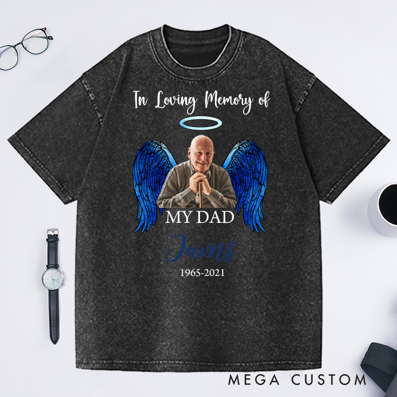 Personalized Memorial Photo Washed T-Shirt Memorial Gift for Loss of Grandfather In Loving Memory Gift Angel Wings T-Shirt 