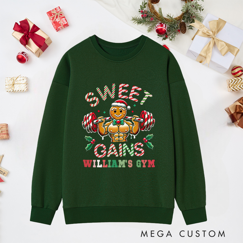 Personalized Christmas Classic Ugly Sweatshirts with Sweet Gains Gingerbread Man for Fitness Enthusiasts Bodybuilders and Gym Lovers