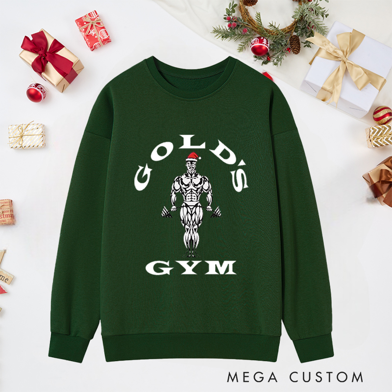 Personalized Christmas Classic Ugly Sweatshirts with Bodybuilder with Santa Hat Print for Fitness Enthusiasts Bodybuilders and Gym Lovers
