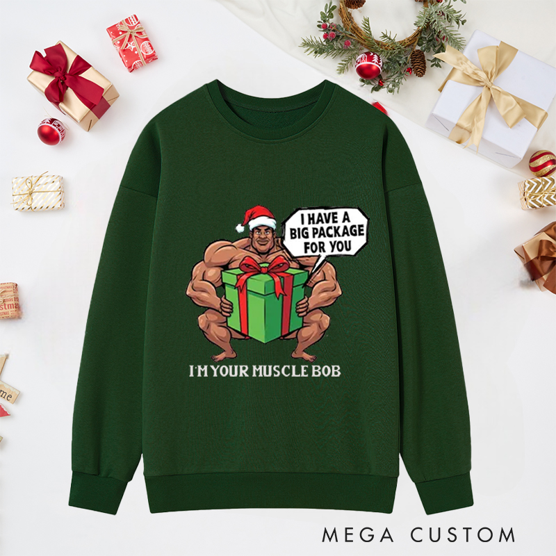 Personalized Christmas Classic Ugly Sweatshirts with Big Package Santa Bodybuilder for Fitness Enthusiasts Bodybuilders and Gym Lovers