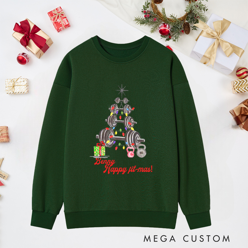 Personalized Christmas Classic Ugly Sweatshirts with Happy Fit Mas Barbell and Kettlebell Christmas Tree for Fitness Enthusiasts Bodybuilders and Gym Lovers