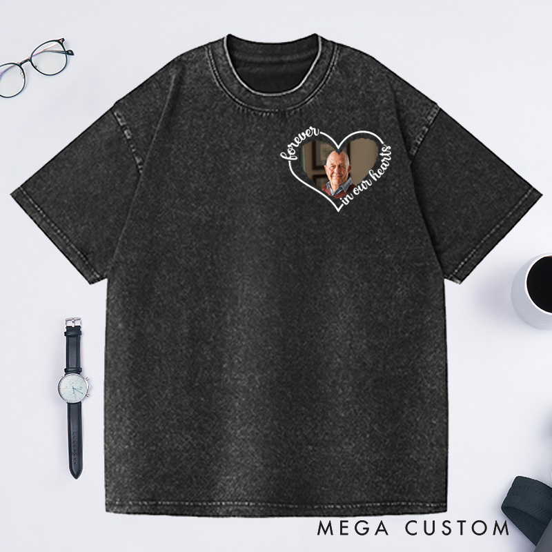 Personalized Memorial Washed T-Shirt Forever in My Heart Custom Photo Shirt Remembrance Gifts Funeral Tribute Shirt 