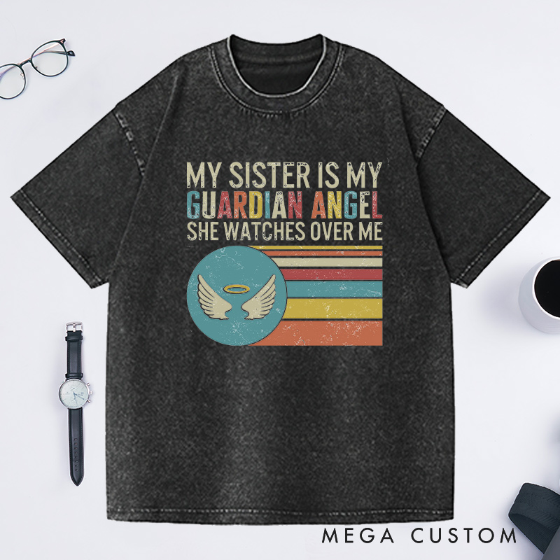 Personalized Sister Memorial Washed T-Shirt Retro Stripes Guardian Angel Watches Over Sympathy Gift Loss of Sister