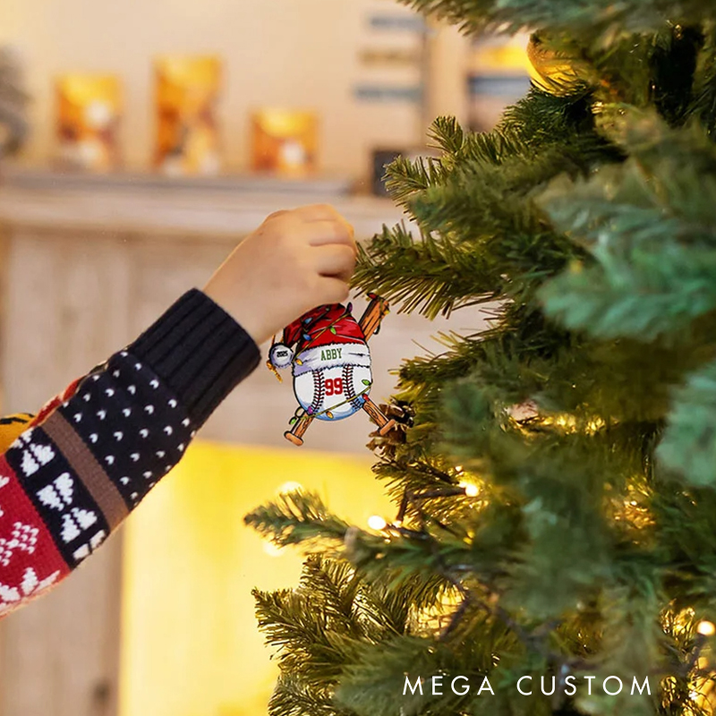 Personalized Acrylic Santa Hat Baseball Christmas Ornament with Name Number and Year 