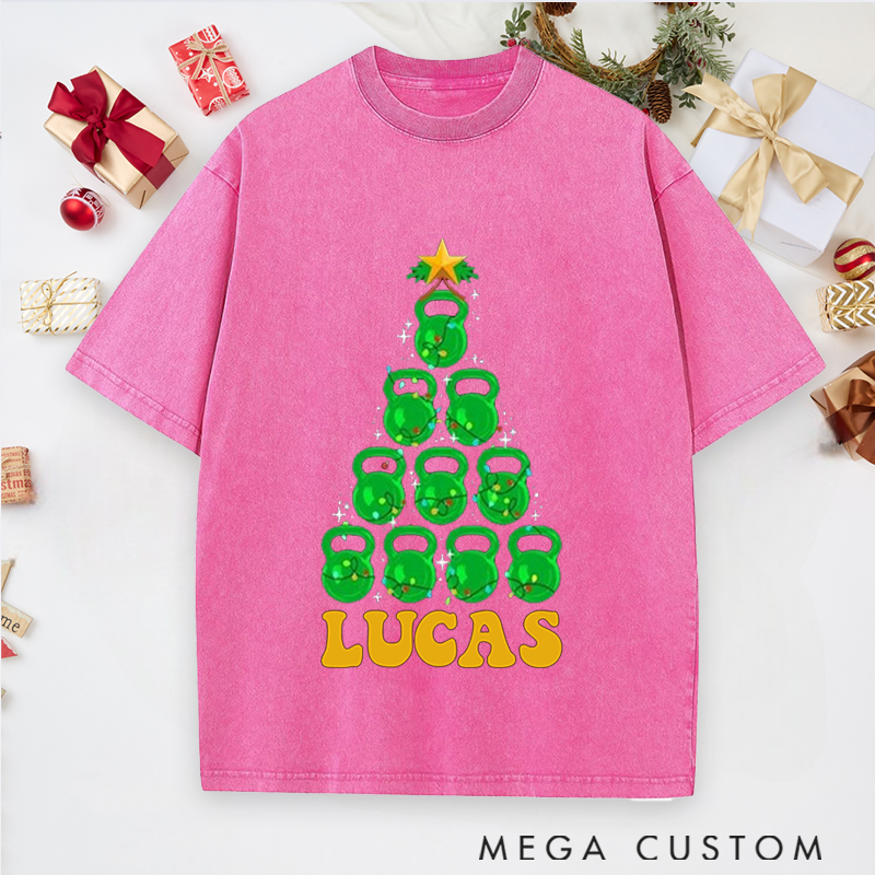 Personalized Gym Washed T-Shirts with Kettlebell Christmas Tree Fitness for Fitness Enthusiasts Bodybuilders and Gym Lovers