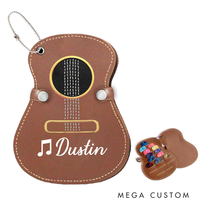 Personalized Guitar Pick Holder Custom Name & Initial PU Leather Case Keychain Gift for Guitar Players