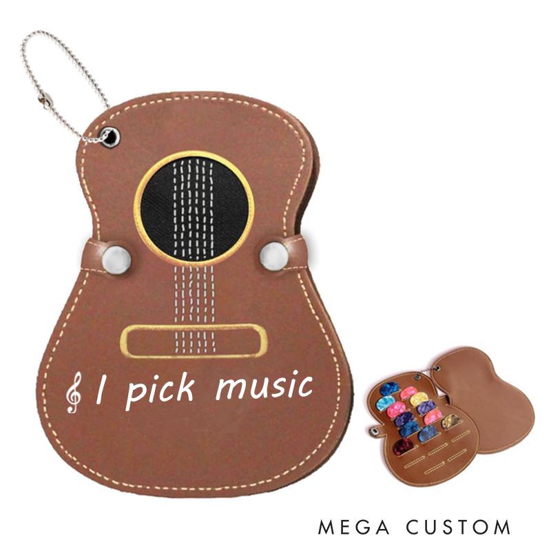 Personalized Guitar Pick Holder Custom Name & Initial PU Leather Case Keychain Gift for Guitar Players