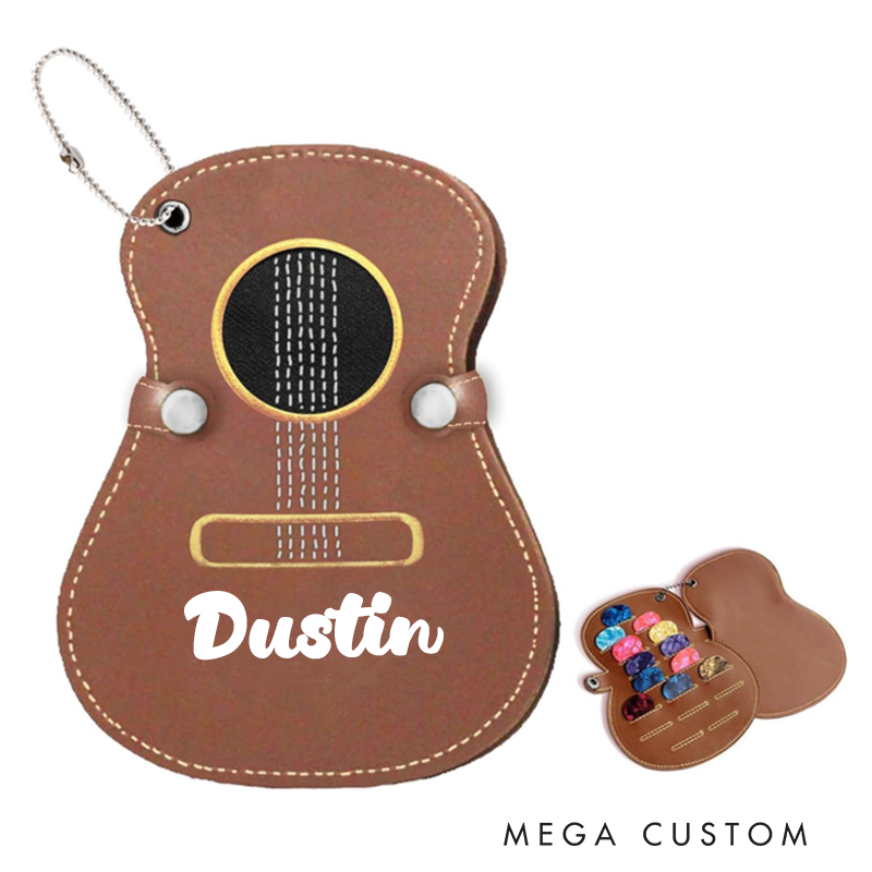 Personalized Guitar Pick Holder Custom Name & Initial PU Leather Case Keychain Gift for Guitar Players