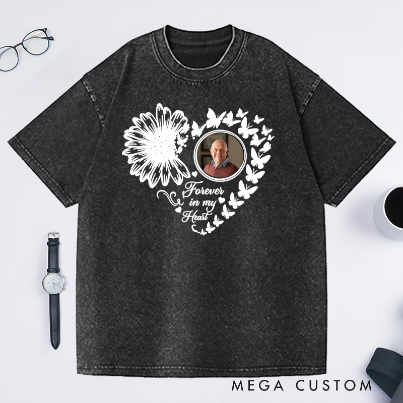 Personalized Photo Washed T-Shirt Forever in My Heart Memorial T-Shirt For Loss of Grandfather or Loved One Condolence Gift