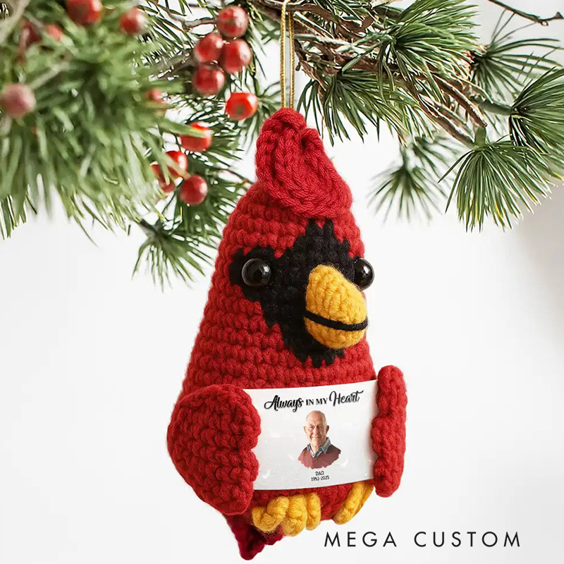 Personalized Photo Memorial Always In Our Heart Custom Crochet Cardinal Bird Hanging Decoration