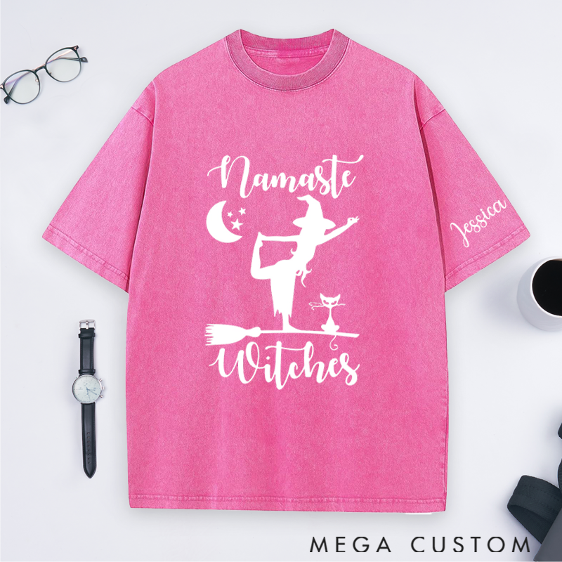 Personalized Namaste Witches Washed T-Shirt with Halloween Theme and Witch Yoga Design Perfect Gift for Yoga Lover and Halloween