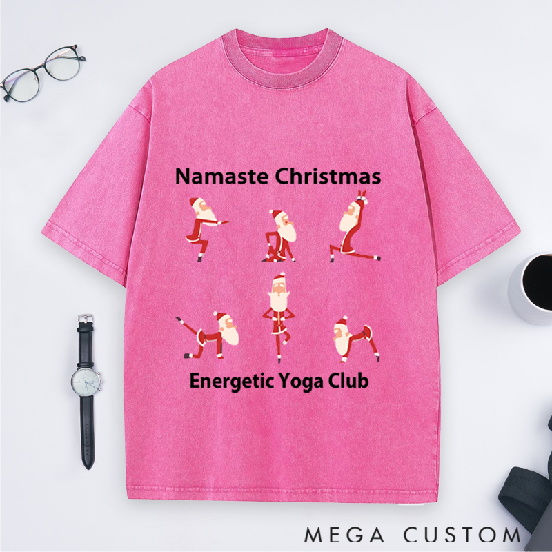Personalized Yoga Santa Christmas Washed T-Shirt Family Holiday T-Shirt Perfect Gift for Yoga Lover and Christmas