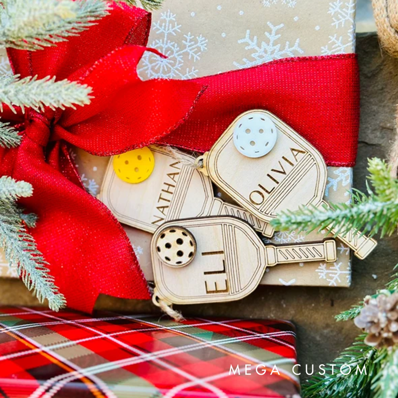 Personalized Pickleball Paddle Christmas Ornaments with Custom Names Engraved Wood Design