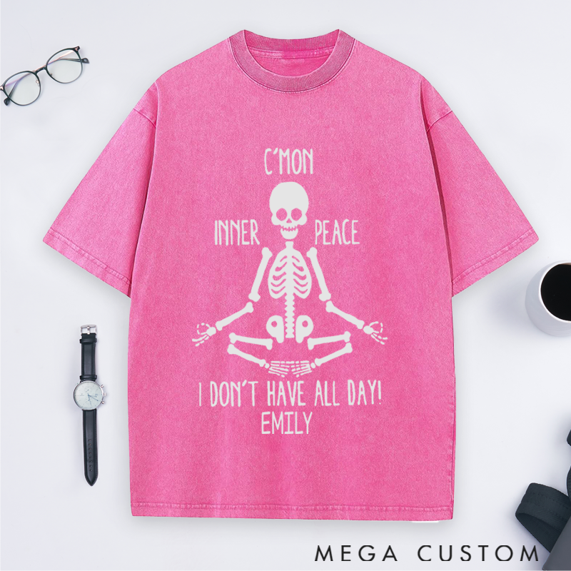 Personalized Skeleton Meditation Washed T-Shirt with Funny Inner Peace Design Perfect Gift for Yoga Lover and Daily Wear