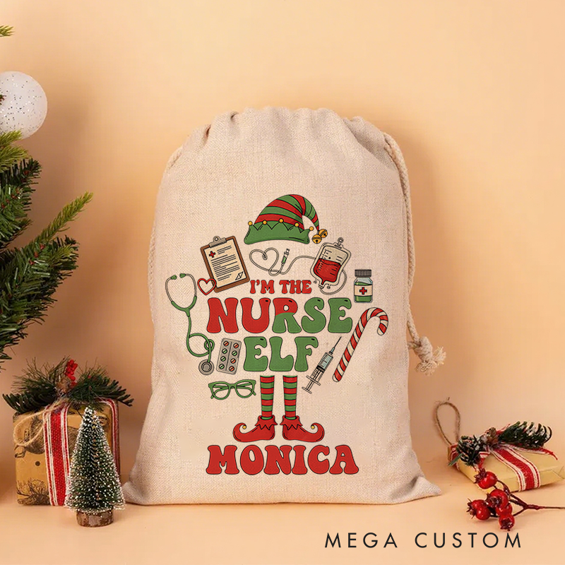 Personalised Christmas Santa Sack for Nurse Custom I'm the Nurse Elf Design Sack Christmas Gift