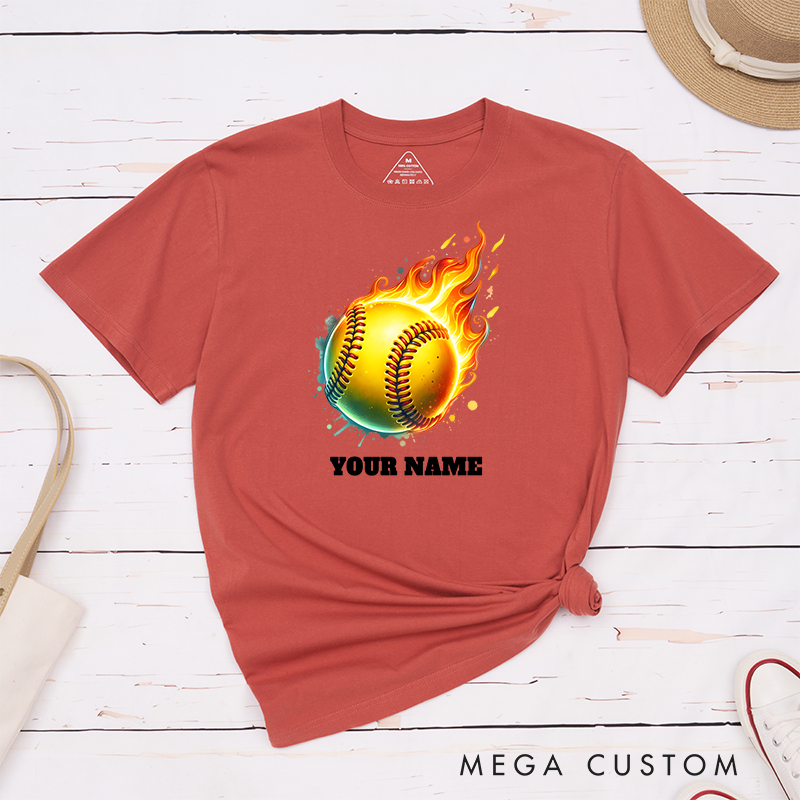 Personalized Fiery Softball T-Shirt Design Customizable Name Featuring a Dynamic Flaming Softball Graphic Perfect for Teams and Players