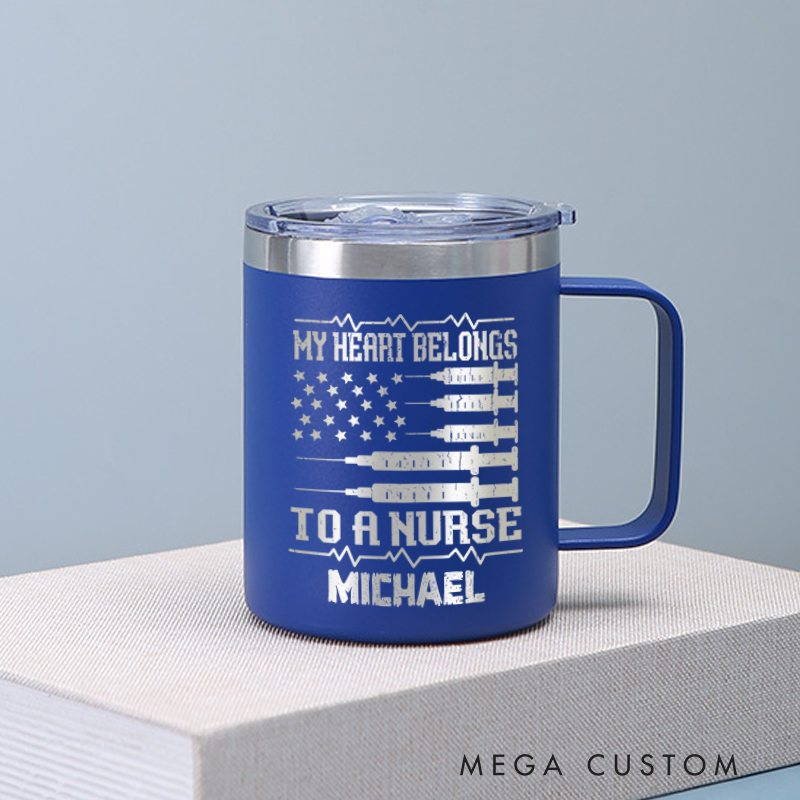 Personalized Laser Engraved Coffee Mug Custom My Heart Belongs to a Nurse Design Coffee Mugs Insulated Stainless Steel Mugs