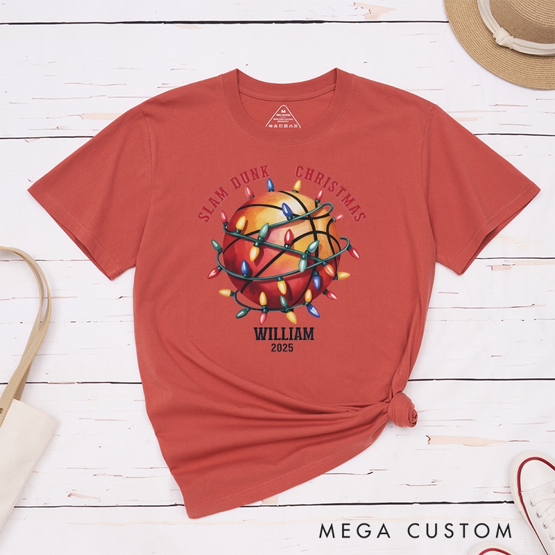 Personalized Christmas Basketball T-Shirt with Custom Name, Year, and Festive Holiday Lights Design