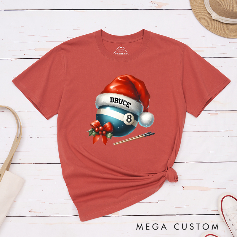 Personalized Christmas Billiards T-Shirt with Custom Name, Santa Hat, and Festive Design