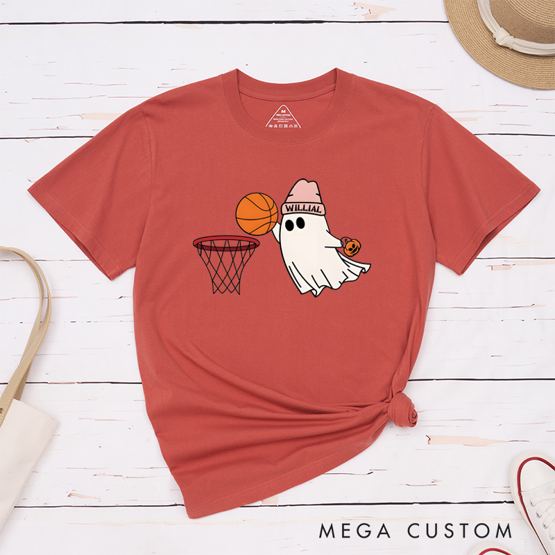 Personalized Halloween Basketball T-Shirt with Cute Ghost, Pumpkin, and Custom Name Design