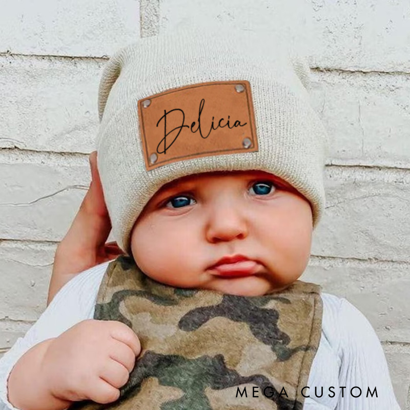 Personalized Beanie with Name Hat Engraved Leather Patch Beanie Birthday Gift