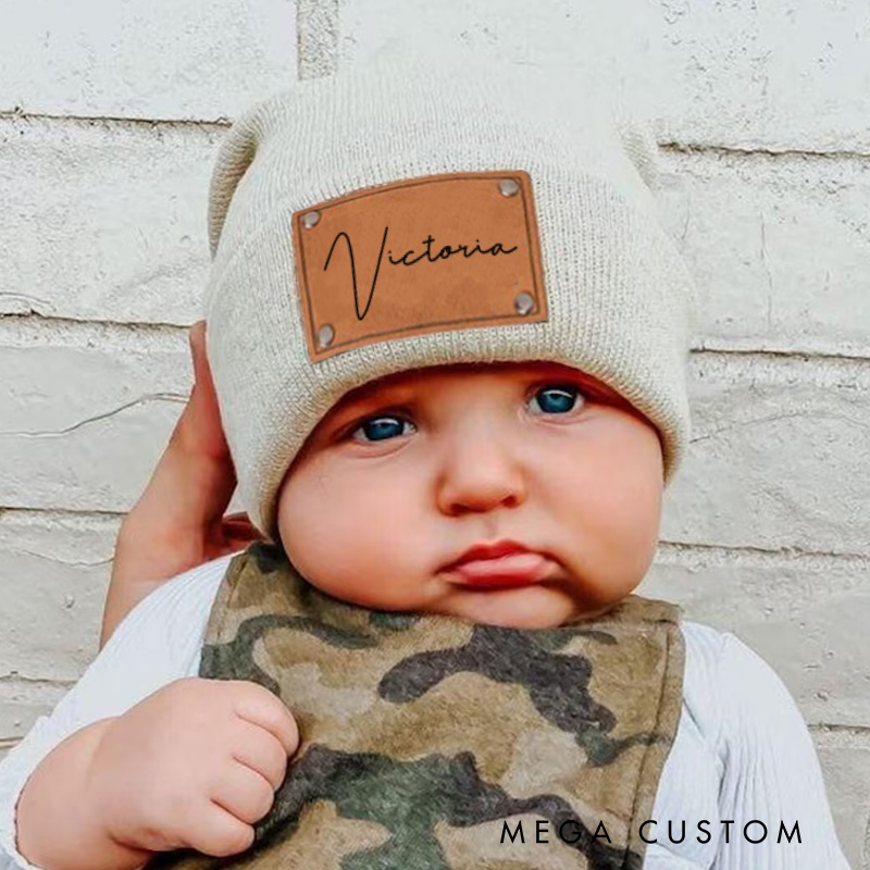Personalized Leather Name Patch Beanie Birthday Gift