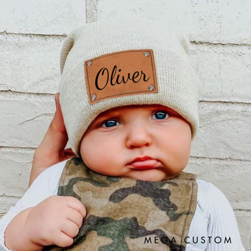 Personalized Beanie with Name Hat Engraved Leather Patch Beanie Birthday Gifts