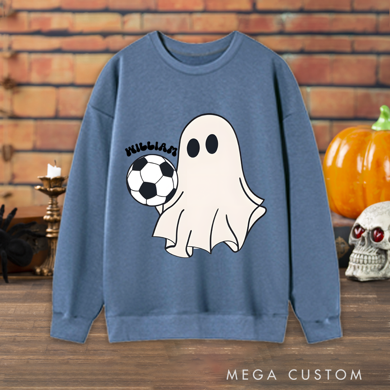 Personalized Halloween Soccer Sweatshirt with Cute Ghost, Soccer Ball, and Custom Name Design