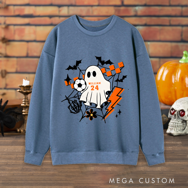 Personalized Halloween Sweatshirt with Ghost, Soccer Ball, Custom Name, and Number Design