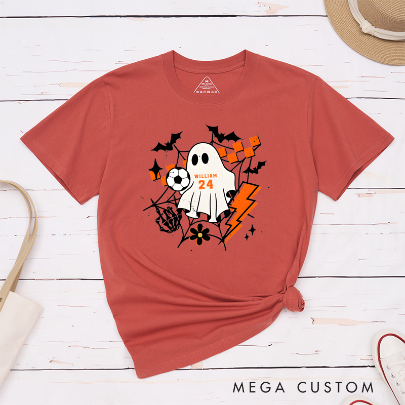 Personalized Halloween T-Shirt with Ghost, Soccer Ball, Custom Name, and Number Design