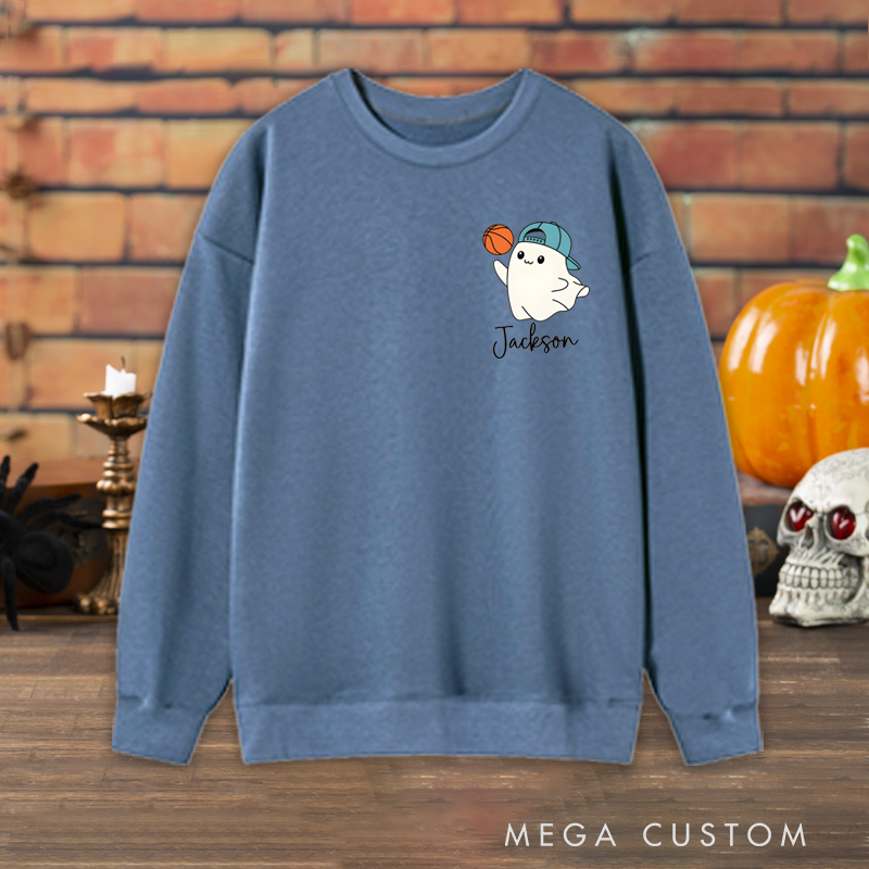 Personalized Halloween Sweatshirt with Cute Ghost, Basketball, and Custom Name Design
