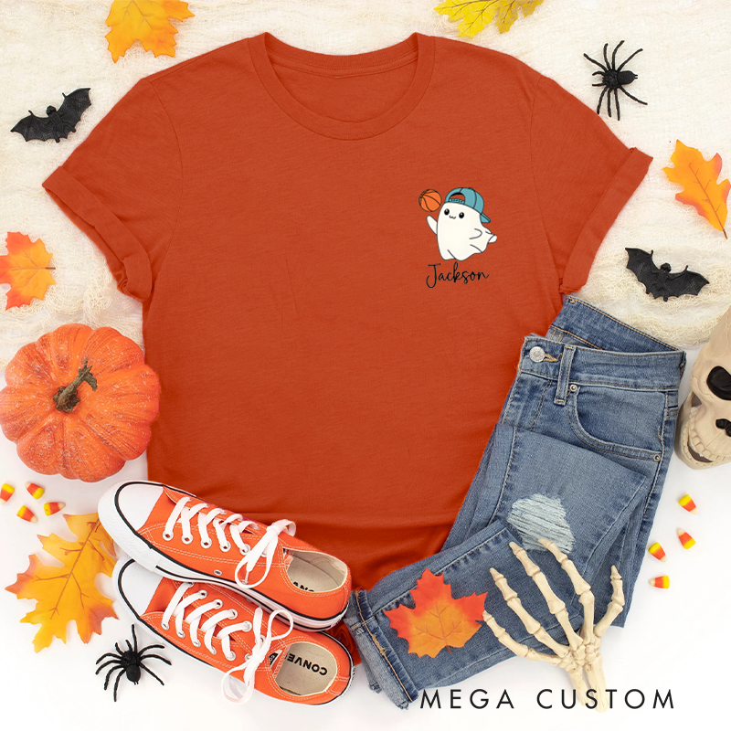 Personalized Halloween T-Shirt with Cute Ghost, Basketball, and Custom Name Design