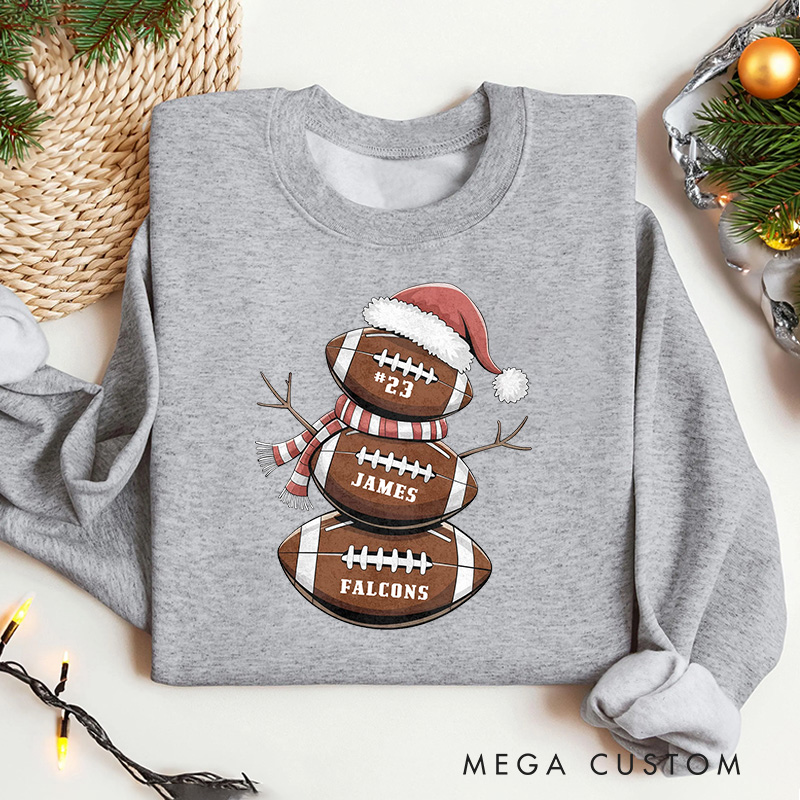 Personalized American Football Snowman Sweatshirt with Custom Name and Number for Cozy Up with Holiday Cheer