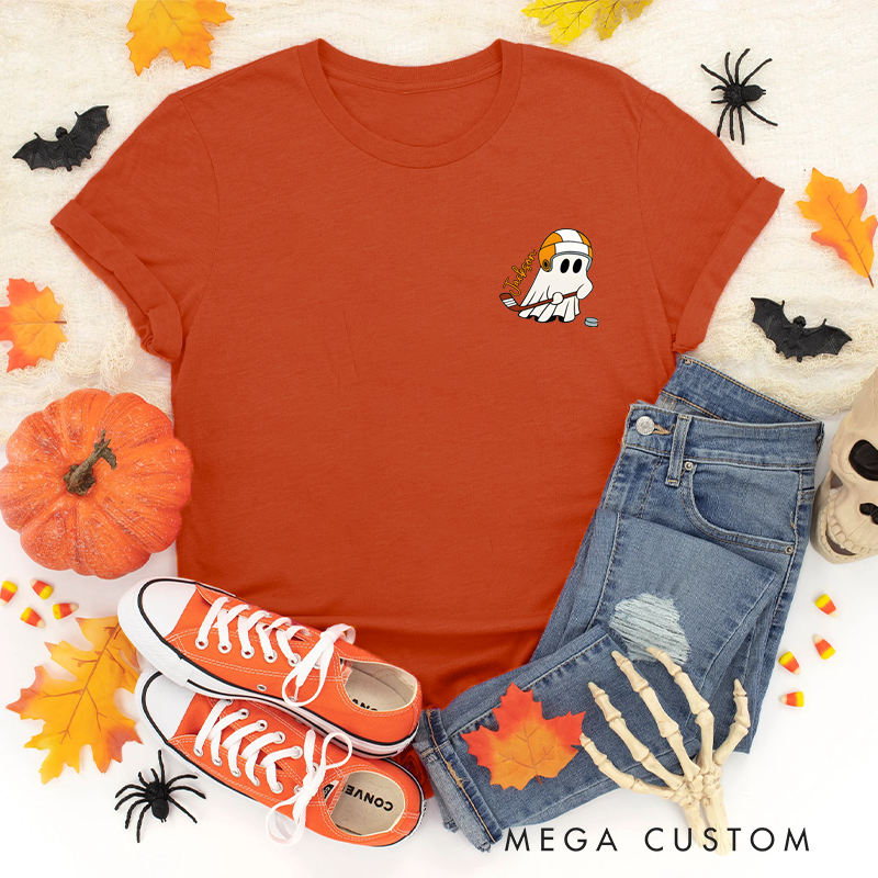 Personalized Halloween T-Shirt with Ghost, Fall Leaves, and Custom Name Design